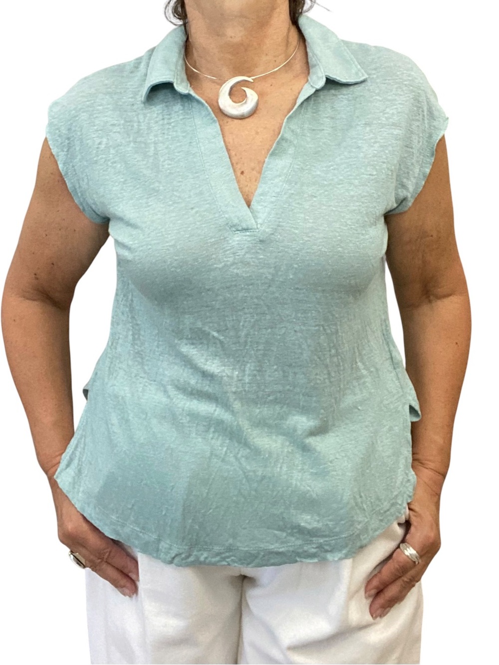 100% Linen Jersey Light Aqua V-Neck Collared Top Size M